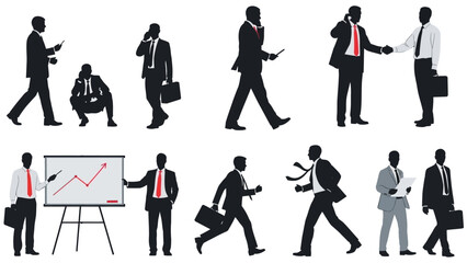 Collection of Silhouettes of Businessmen in Various Poses and Activities, Illustrating Professional Life and Corporate Environment.