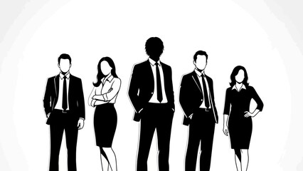 A diverse group of five professionals in silhouette, standing confidently in a line against a white background.