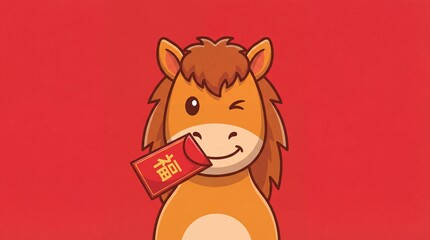A playful cartoon horse holding a red envelope (Hongbao) in its mouth, winking, isolated on a solid red background, vector art style.