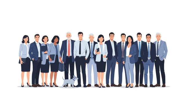 A diverse group of business professionals standing together in a line, with a small dog at their feet.