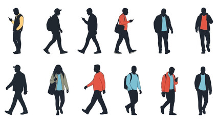 Fototapeta premium Collection of diverse silhouettes of people walking and using their mobile phones, presented in two rows against a white background.
