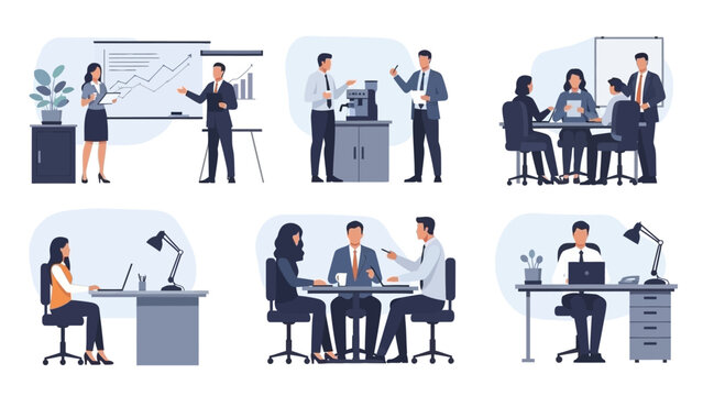 A collection of six illustrations depicting various business meeting and office scenarios, showcasing teamwork and professional interactions.