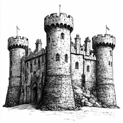 2D black and white illustration of Cardiff Castle isolated on a white transparent background