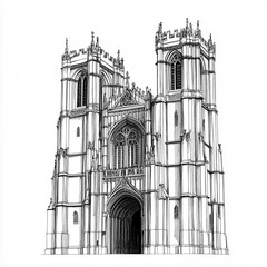 2D black and white illustration of Canterbury Cathedral isolated on a white transparent background