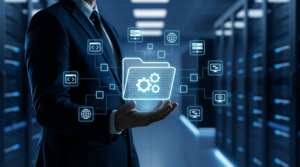 Businessman showcases cutting-edge digital data management concept in a state-of-the-art server room, symbolizing innovation and expertise in technology and business.