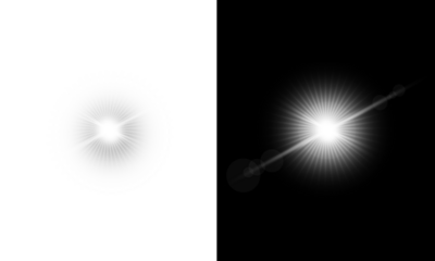 Abstract white lens flare effect on transparent and black background with bright glowing light star burst and optical bokeh sparkle rays