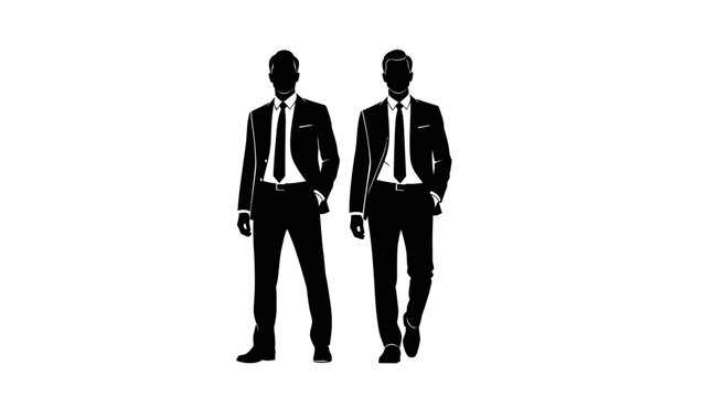 Two men in silhouette wearing formal suits and ties, standing against a white background.
