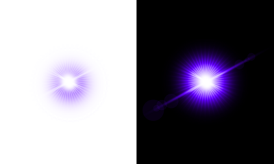 Purple glow starburst bright flash with long lens flare and optical light effect isolated on dark black background vector illustration