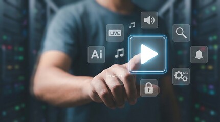Man interacting with digital media icons on a futuristic interface, representing modern technology and innovation in multimedia and online communication.