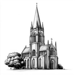 2D black and white illustration of Salisbury Cathedral isolated on a white transparent background