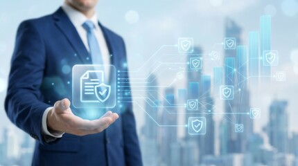A businessman in a blue suit presents a secure data protection concept with shield icons and a document with a checkmark, symbolizing safety and privacy in a modern, digital world.