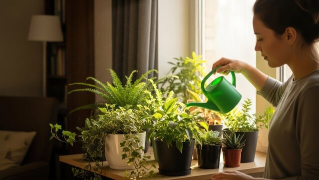 Woman watering indoor plants near a window with sunlight and copy space