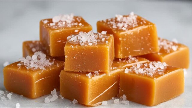 Soft salted caramel candy squares and cubes stacked marble and light surfaces, confection of rich golden brown sweet treats sprinkled with coarse sea salt and flaky sea salt crystals for salted