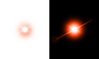 Abstract bright glowing red orange light effect isolated on transparent background beautiful camera lens flare light ray explosion