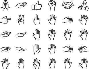 Hand gesture line icons set communication signs pointing approval greeting counting fingers body language flat outline vector illustration collection