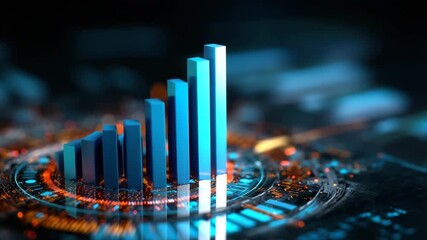Blue 3D bar chart rising on glowing circuit board background combining dynamic digital infographic data visualization analytics and finance growth technology futuristic optimism - Powered by Adobe