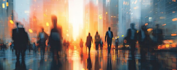 Obraz premium Busy city street at sunset with blurred pedestrians and glowing lights