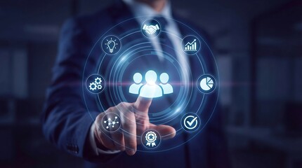 Businessman engaging with futuristic digital interface for team management and collaboration, symbolizing innovation and productivity in modern business settings.