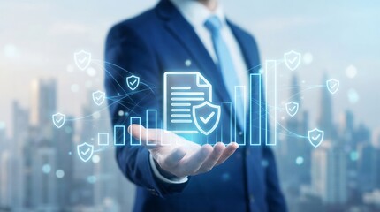 A businessman presents secure data protection with shield icons, symbolizing safety and risk management in a modern, urban setting.