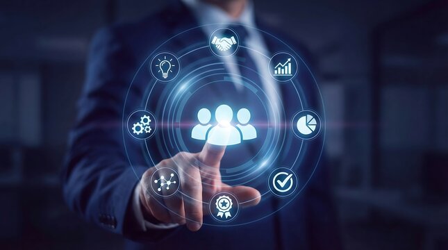 Businessman engaging with futuristic digital interface for team management and collaboration, symbolizing innovation and productivity in modern business settings. - Powered by Adobe