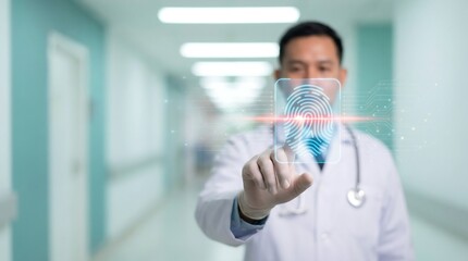 A doctor uses a futuristic fingerprint scanner for secure access to medical data, symbolizing advanced security measures in healthcare.