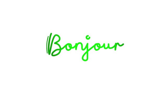 Bonjour one line continuous animated typography lettering animation lineart intro outro video, greeting wishes handwriting hand drawn monoline vintage text on background green type on white bg