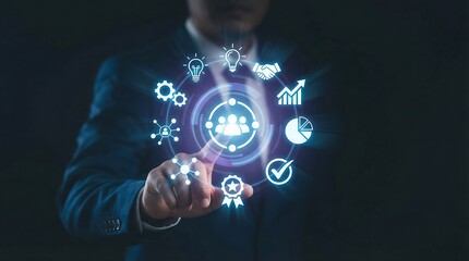 A businessman engages with a futuristic digital interface, symbolizing innovation and progress in a professional setting.
