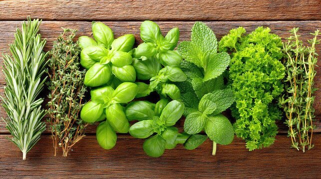 Canon R5 natural-light demo: overhead herb arrangement on wood, teaching depth & back-light, perfect for photography course cover or YouTube cooking thumbnail
