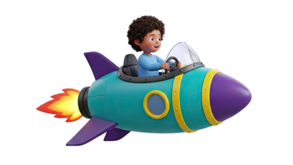 Child Flying a Cartoon Rocket Ship