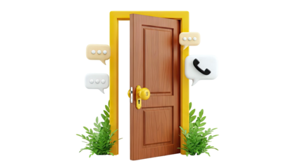 Open Door with Communication Icons and Greenery