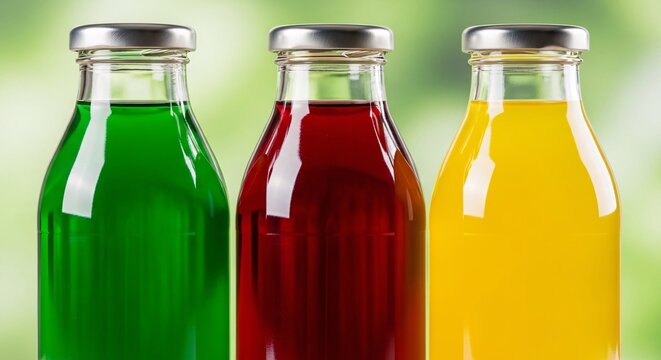 Colorful Bottles Filled with Green Red and Yellow Liquids on a Clear Surface in Bright Light for Refreshing Beverage Display