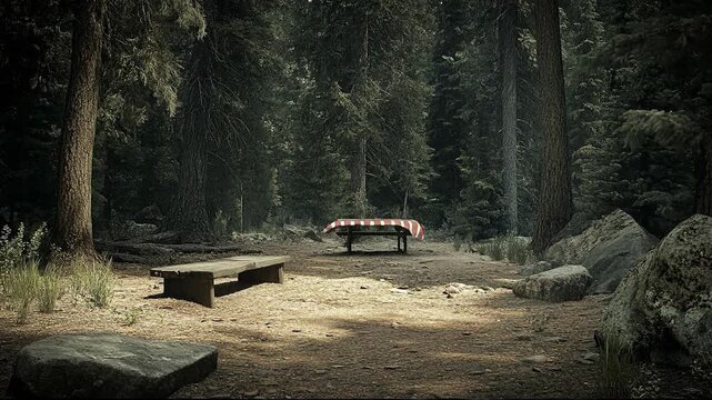 A serene picnic area in a tranquil forest setting.