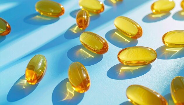 Golden Omega-3 Capsules on Blue Background - Health and Wellness.