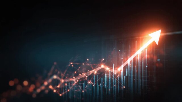 Rising glowing arrow chart showing digital data growth and network connection, rising orange arrow over digital network chart signaling business growth and financial success with glowing data points