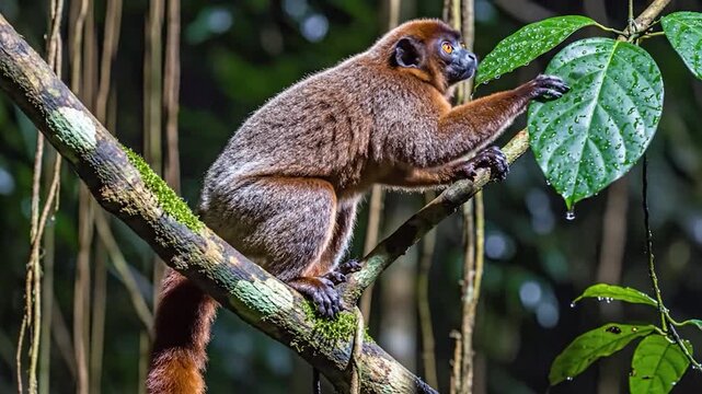 Brown monkey perched on a tree branch in a lush green forest environment.