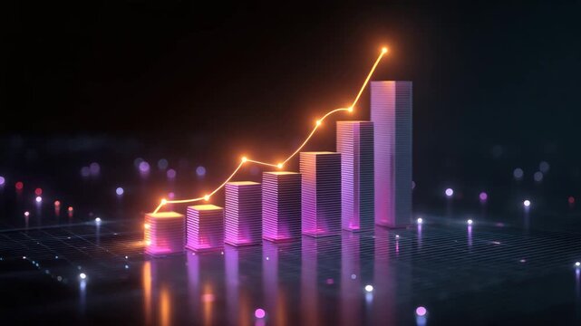 Neon glowing bar chart with rising trend line reflective grid and glowing ascending line futuristic digital grid, vibrant purple and orange lighting evokes energetic growth, finance data