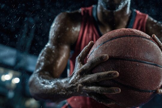 Sweaty athlete in red uniform clutches basketball in dramatic, wet court lighting