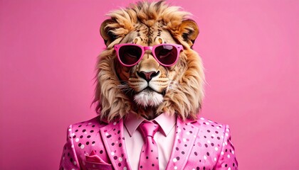 Lion wearing sunglasses and pink polka dot suit