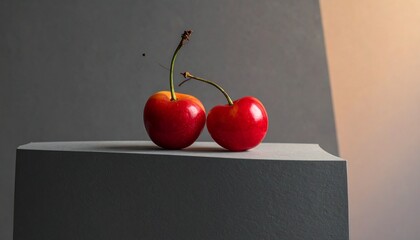 Two vibrant red cherries on dark gray pedestal