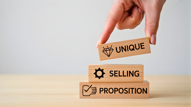Hand placing wooden block with unique selling proposition on a table
