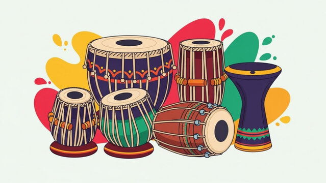 Collection of Indian drums including tabla and dholak in a flat vector illustration style perfect for music concepts and cultural events