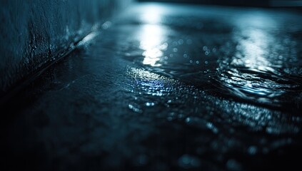 Abstract dark moody shot of water flowing over a textured surface, reflections, and light