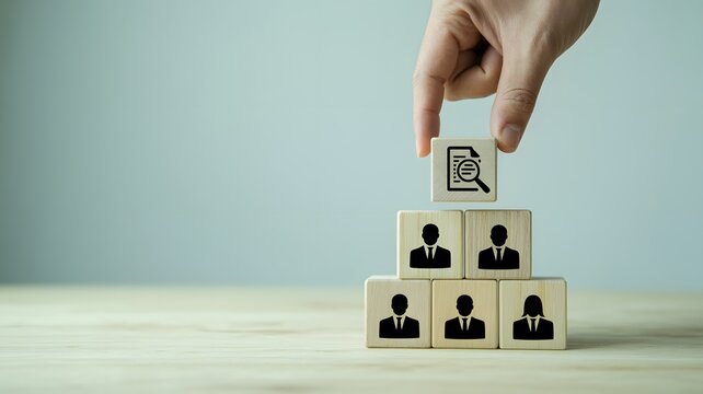 A hand places a wooden block with a person icon on a pyramid structure