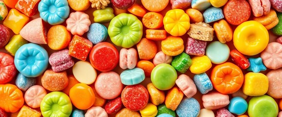 Fototapeta premium Colorful assortment of various sweets arranged in a geometric pattern, sweets, delicious
