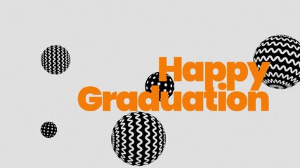 A graphic design slide background with 'Happy Graduation' text and abstract black and white patterned balls on a light grey background, conveying a celebratory trend.