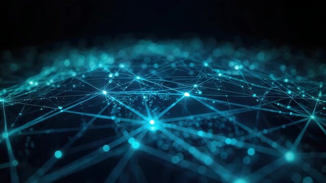 Glowing blue network node connection mesh glowing blue network nodes and connecting lines over dark