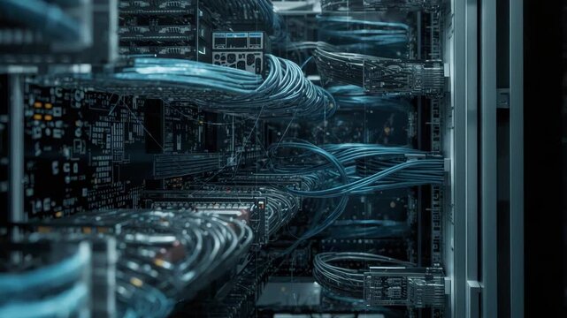 High density server rack with glowing blue network cables and circuit board fiber cable data center