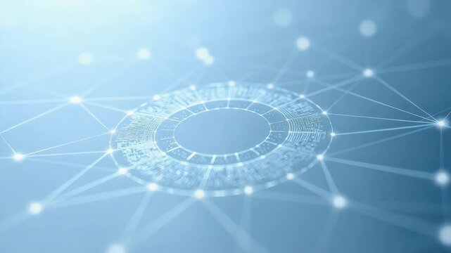Futuristic network ring connection digital circuit hub glowing nodes blue technology circular