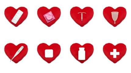 Sexual Health and Reproductive Wellness Set with Contraceptives Pills Condom IUD Menstrual Cup on Red Hearts
