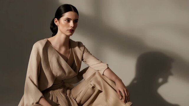 Elegant woman neutral dress seated with soft shadow portrait, pleated beige outfit poised